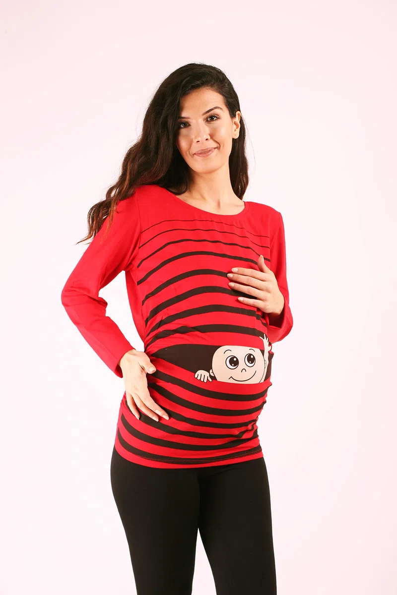 M.M.C. Ciao Ciao - Simpatica graziosa T-Shirt Premaman Manica Lunga per la Gravidanza (Rosso, Small)