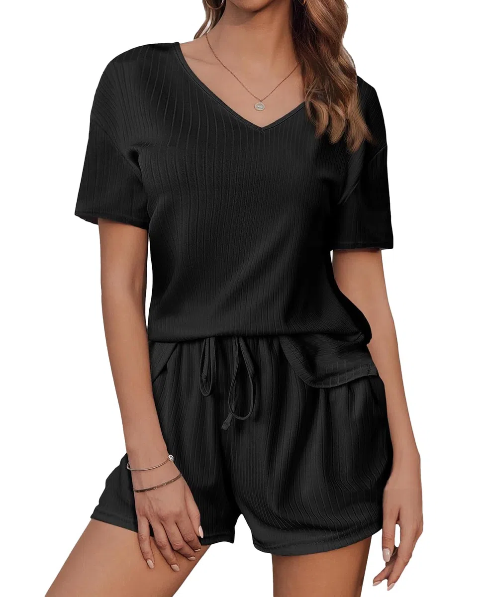 Tuta Corta Ampia da Donna 2 Pezzi Tute da Tempo Estiva Casa T-Shirt Manica Corta e Pantaloncini Tuta Sportiva Moda Scollo a V Sports Suit