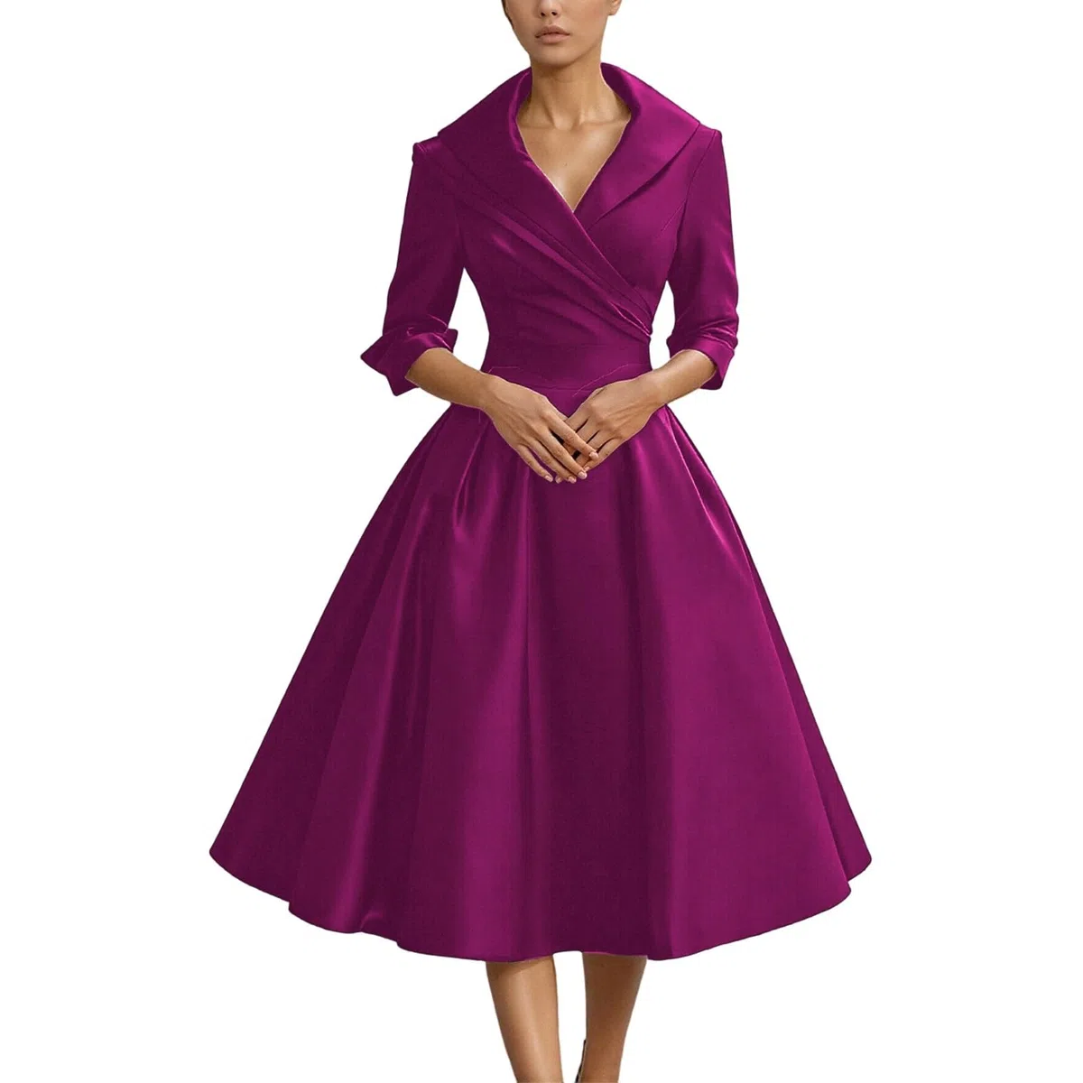 Vestito Vintage Anni 50 60 Stile Hepburn Intura Monopetto A-Line Ricamo Manica Lunga Abiti Eleganti con Scollo V Midi Vestito da Cocktail Banchetto Formale Ufficio per Matrimoni, Cerimonia