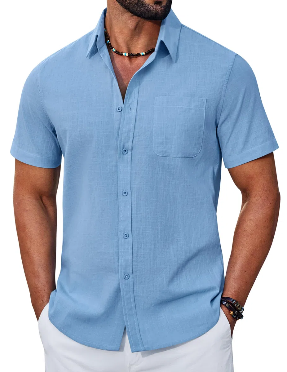COOFANDY Camicia Uomo a Maniche Corte in Cotone Estiva Regular Fit Camicie Casual con Tasche