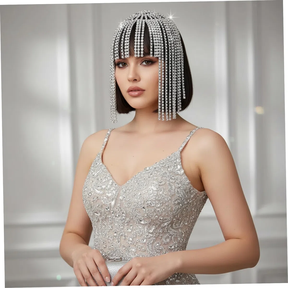 Catena di perline in argento, copricapo con strass Copricapo stile flapper in argento degli anni '20 con accenti di per feste e matrimoni, strass