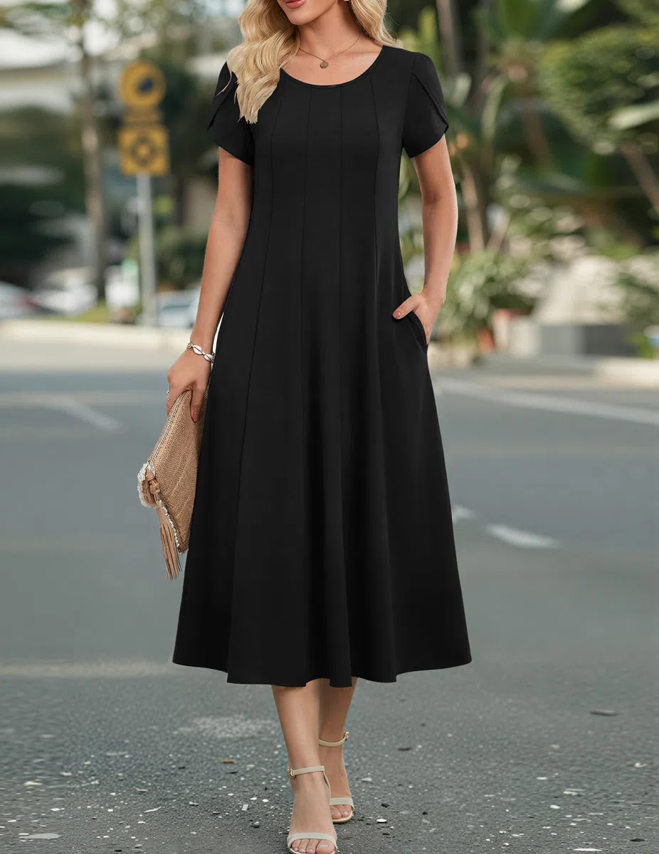 Zeagoo Abito Donna Estivo Casual Vestito Midi Manica Corta con Tasche A‑Line Leggero per Primavera Estate S-XXL