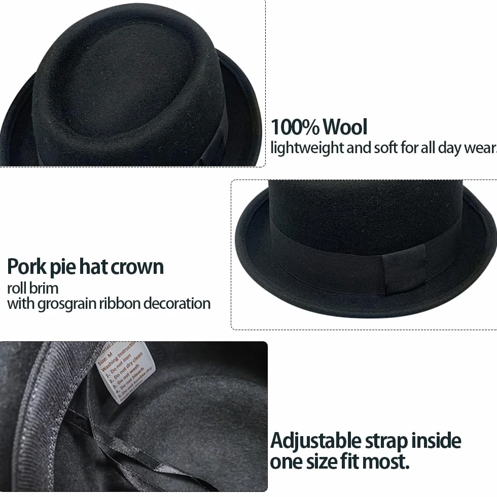 INOGIH Cappello Pork Pie Bombetta in Feltro di Lana Porkpie Boater Derby Cappello Fedora per Uomo Donna (S/M)