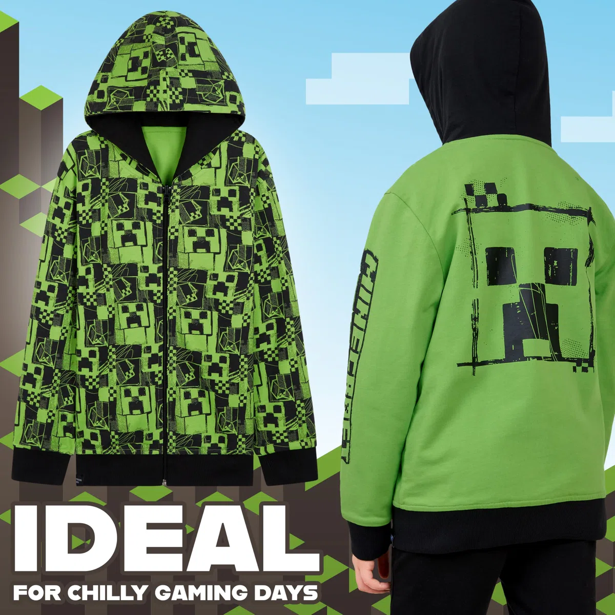MINECRAFT Felpa Bambino - Felpa con Cappuccio e Zip in Cotone Misto 5-14 Anni Felpe Ragazzo Reversibili Gadget Regali per Gamer