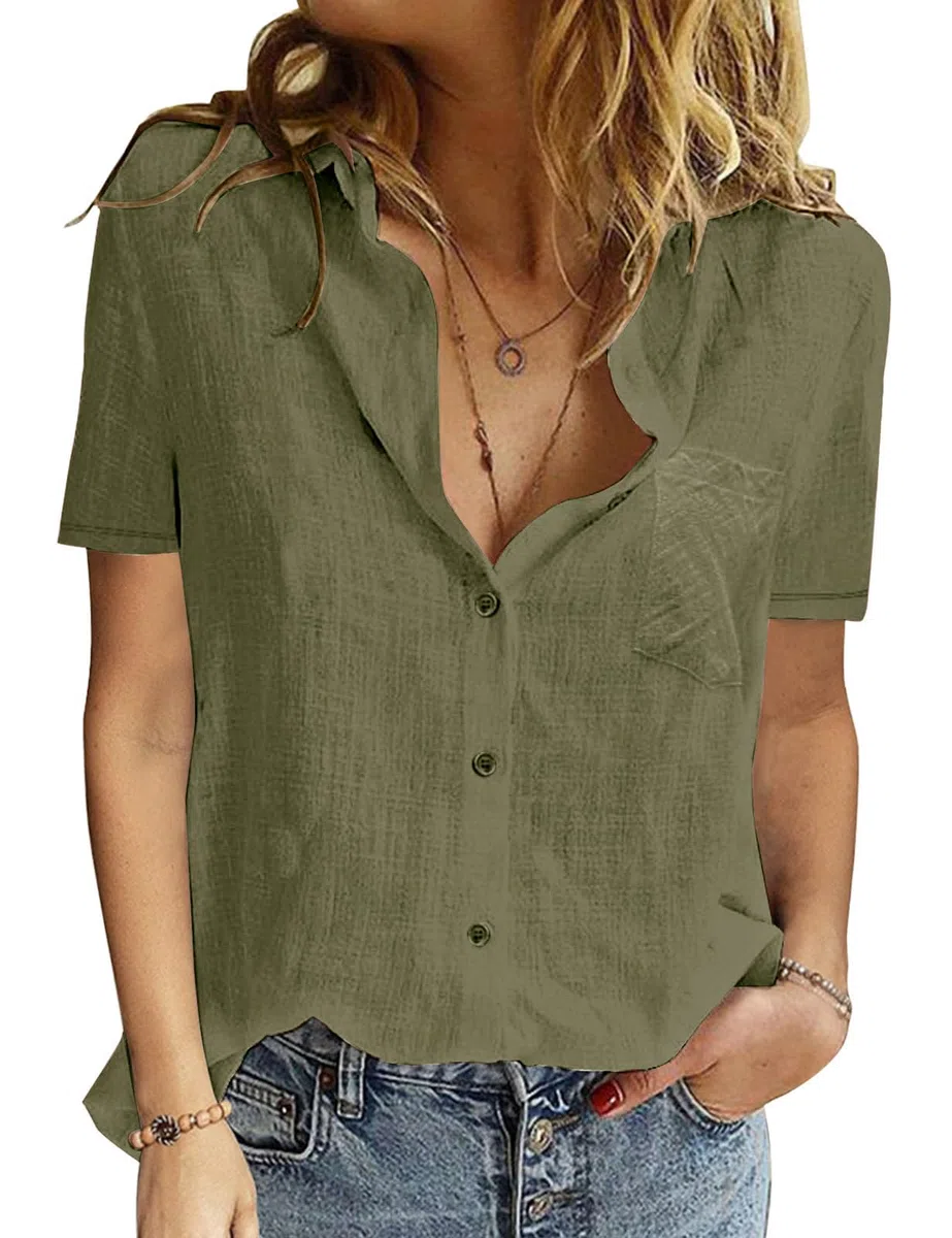 Camicia Donna Estiva Camicetta da Donna Manica Corta Cotone Elegante Blusa Maglietta Scollo a V Top con Bottoni Moda Casual T Shirt Tinta Unita Classico Maglia Tees