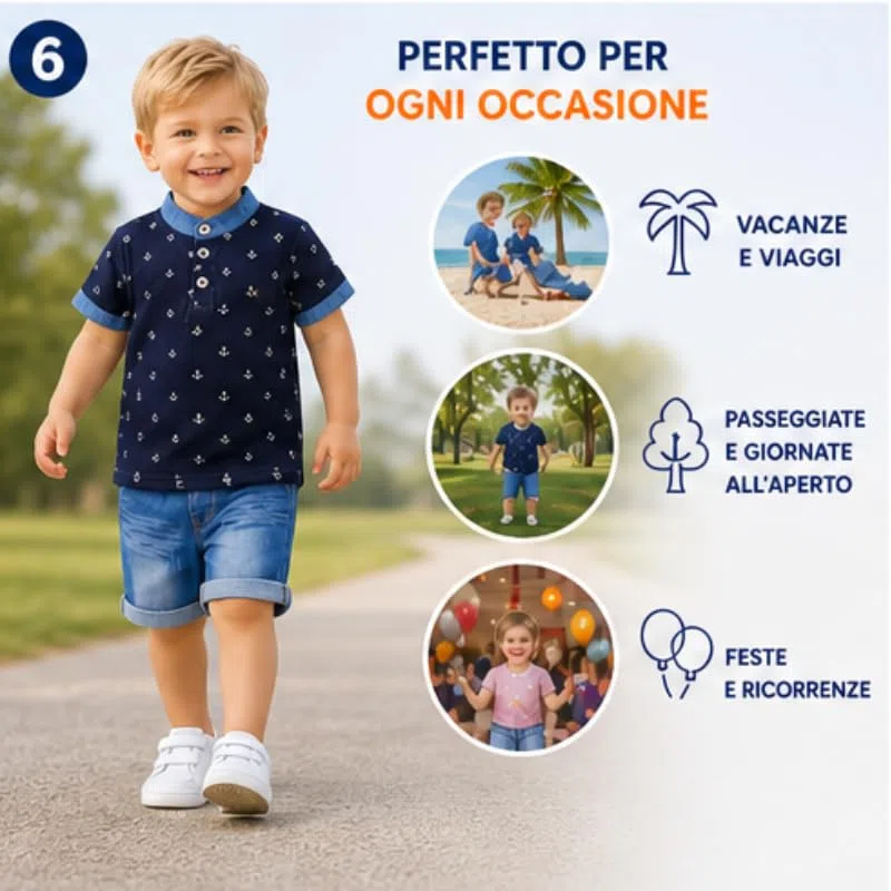 OrJana Completo Bambino 2 Pezzi, Polo con Ancore e Pantaloncini Jeans Leggeri Blu