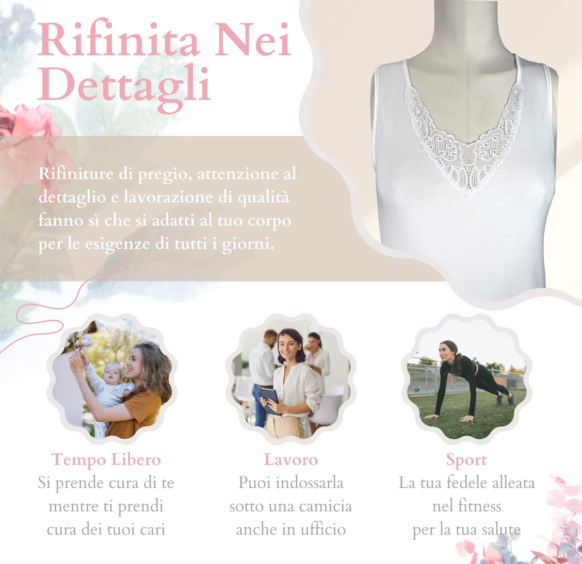 VP PINUCCIO VENEGONI Set 3 Canottiere Donna Spalla Larga in 100% Cotone Pettinato | Intimo Termico Made in Italy, Dettaglio Pizzo