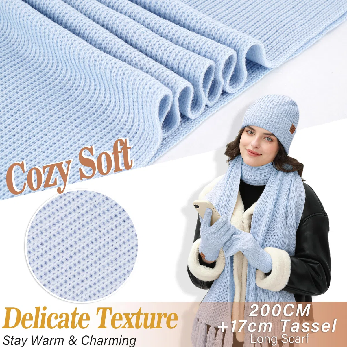 Invernale Termici Cappello Donna Guanti Touch Screen Sciarpa Set, Berretto Pile Doppio Lungo Sciarpe con Nappa