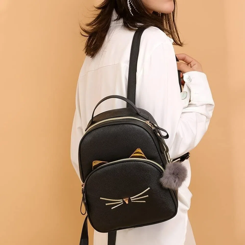Borsa A Tracolla Per Zaino Carino Gatto Cartone Animato Per Donna Borsa A Tracolla In Pelle PU Con Zaino Per Il Tempo Libero (Nero)