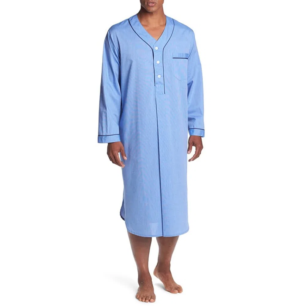Camicia da notte da uomo in cotone a maniche lunghe, con bottoni e scollo a V, abbigliamento da notte