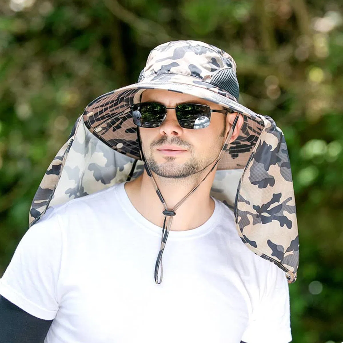 Cappello da sole a tesa larga da uomo, protezione UV con patta per il collo, cappello regolabile per pesca ed escursionismo all'aperto