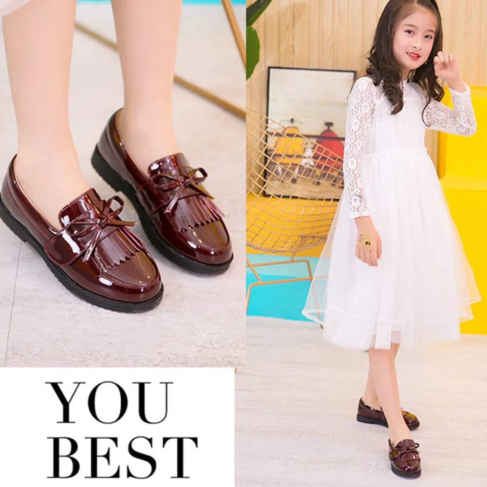 Mocassini Bambina in Pelle Scarpe da Bambina Stile Britannico con Fiocco.