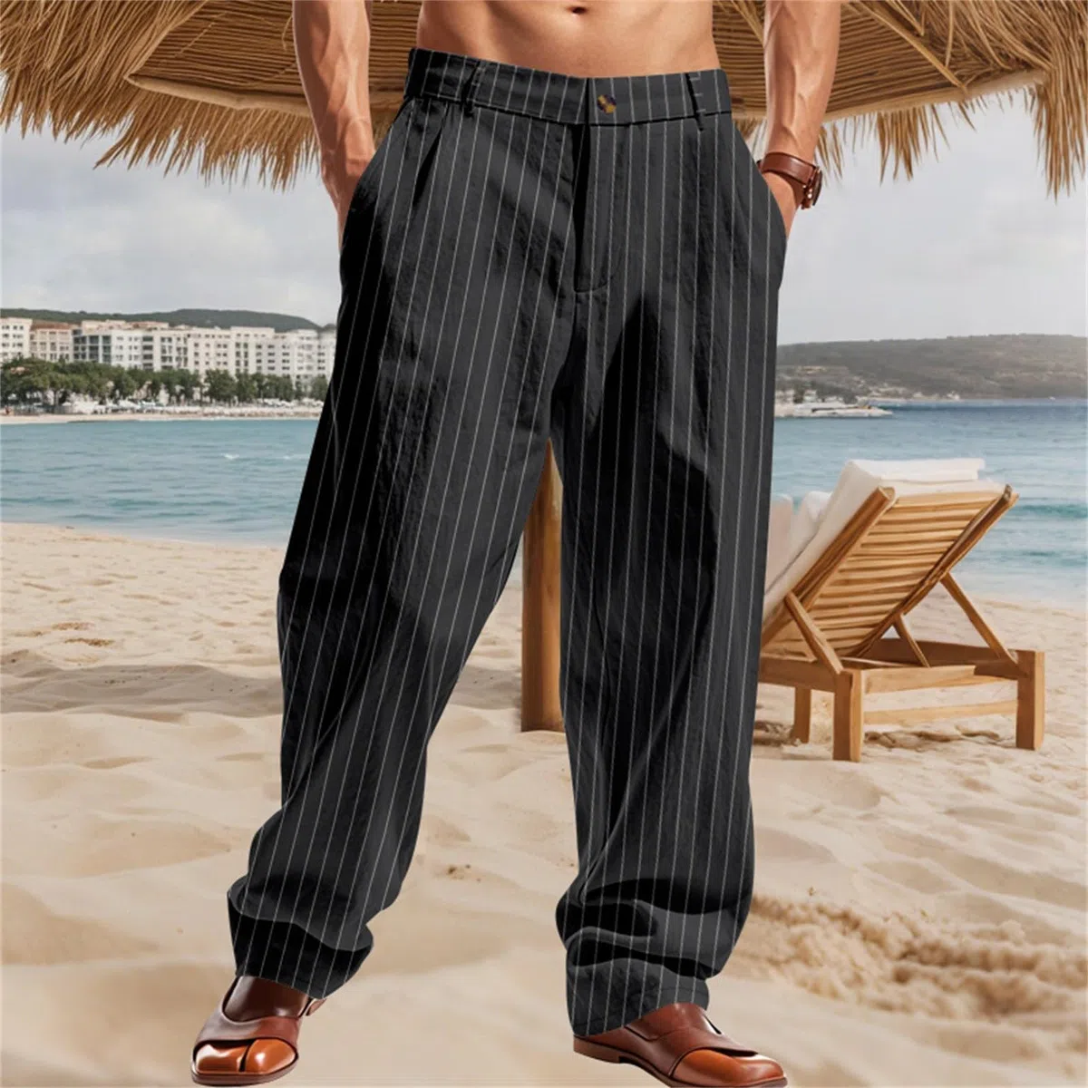 Pantaloni da uomo Baggy a righe, casual, dritti, eleganti, ad asciugatura rapida, con bottoni, da uomo, per smoking, gamba dritta