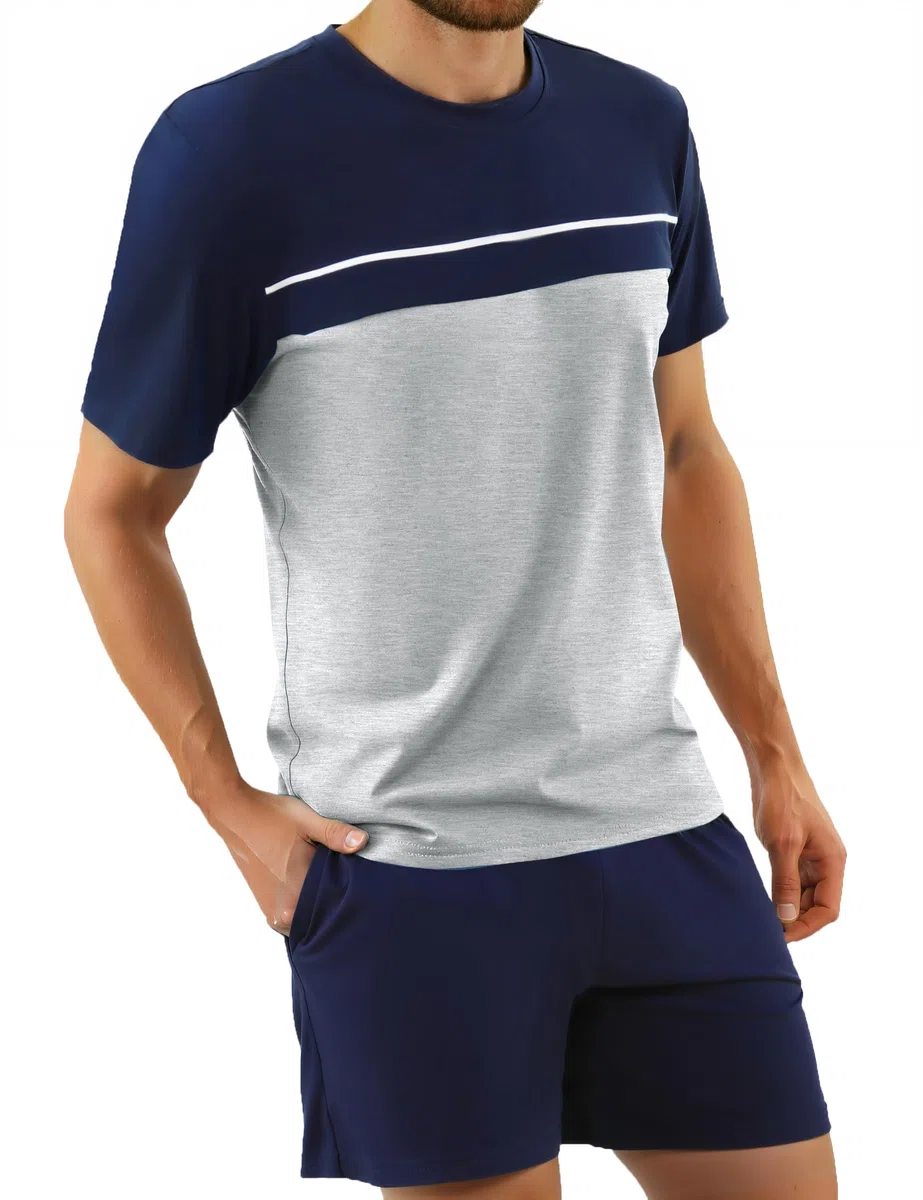 Bresdk Pigiama Uomo Estivo Cotone Pigiami Estivi Maniche Corte e Pantaloncini Due Pezzi Leggero e Morbido con Tasche