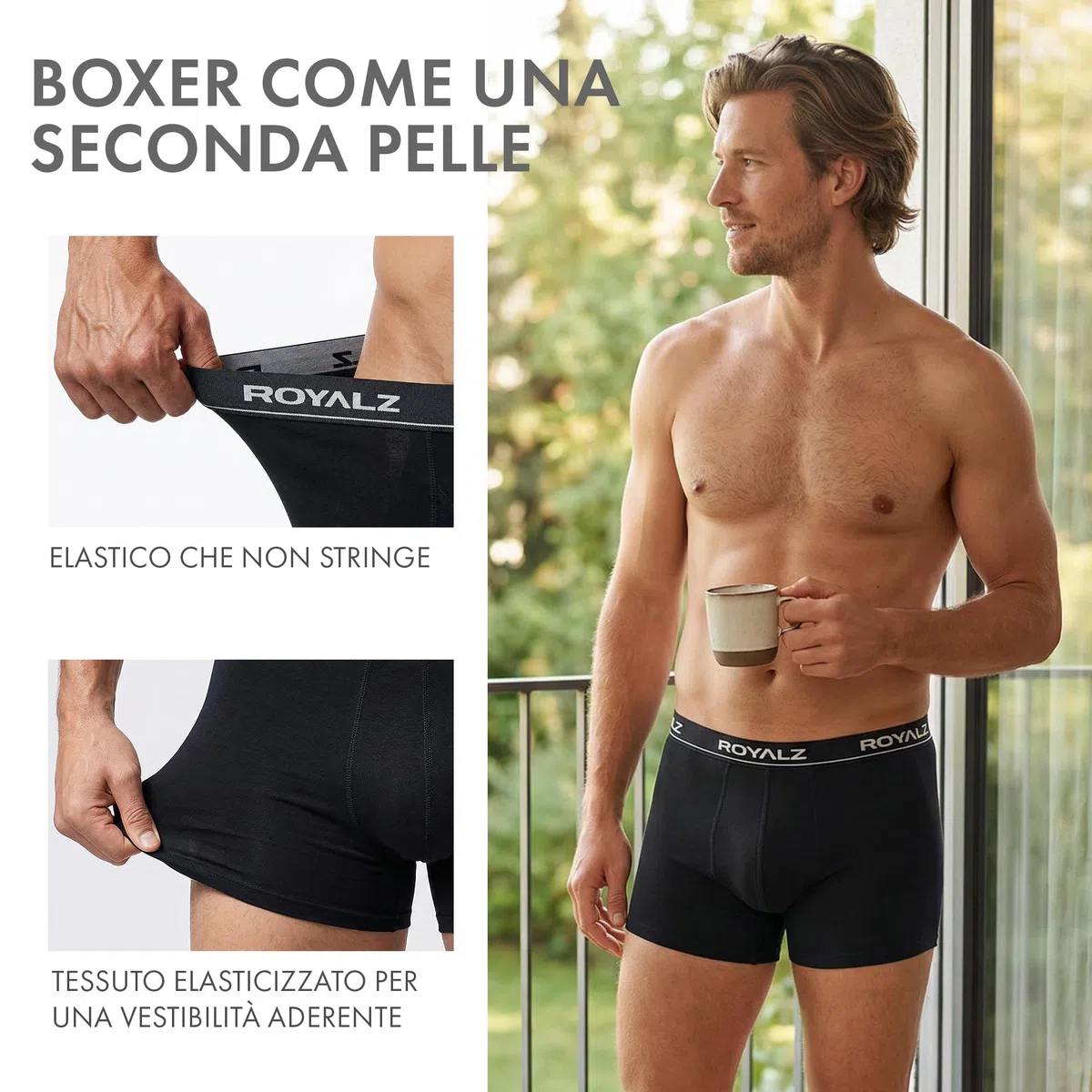 ROYALZ Boxer Uomo Classico Pacco da 5 Intimo Mutande Slip Elasticizzato 5 Pack(95% Cotone / 5% Elastan)
