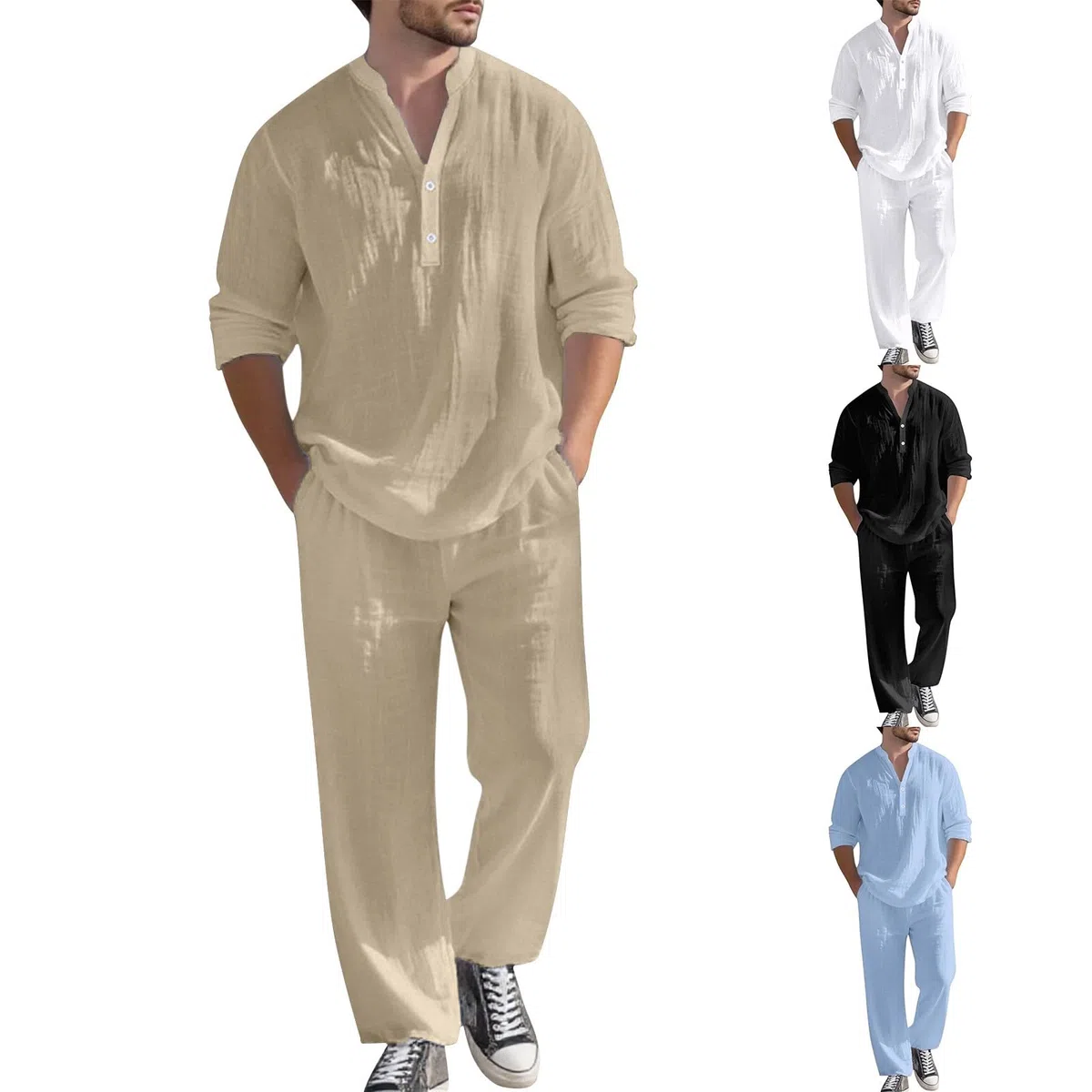 2 Pezzi Tuta Uomo Set Estivo in Lino, Camicia e Pantaloni con Elastico Vita, a Maniche Lunghe, Completo Traspirante Casual, per Spiaggia Vacanza Autunno