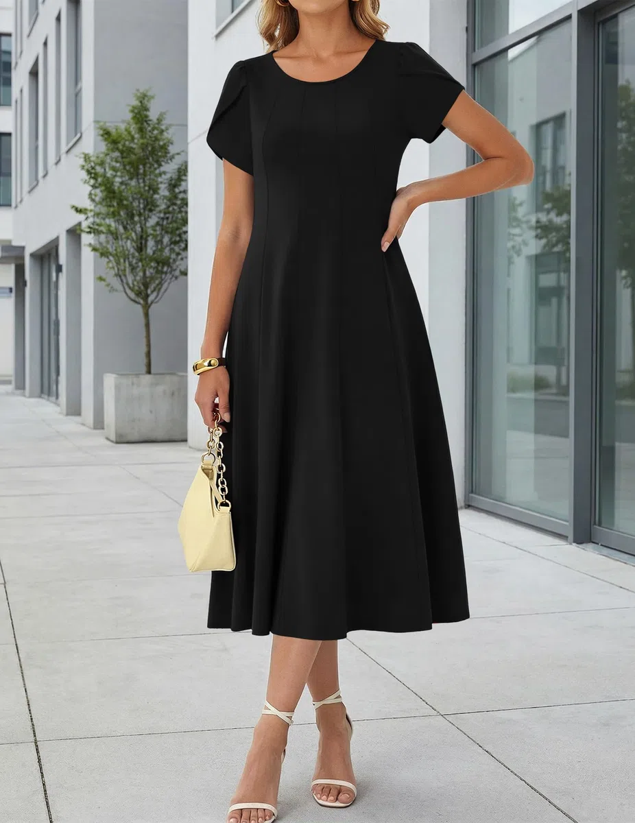 Zeagoo Abito Donna Estivo Casual Vestito Midi Manica Corta con Tasche A‑Line Leggero per Primavera Estate S-XXL