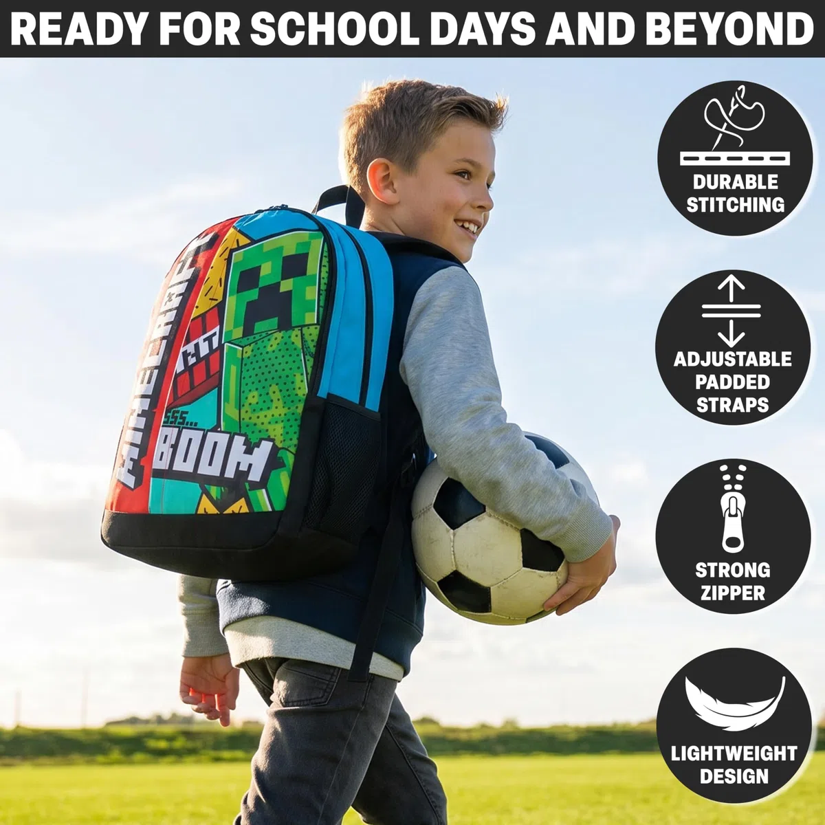Get Trend Minecraft Zaino Scuola Ragazzo Zip, Borsa Zaino Scomparti Spallacci Imbottiti Regolabili Pannello Dorsale Scuola e Gite (Multi Minecraft)
