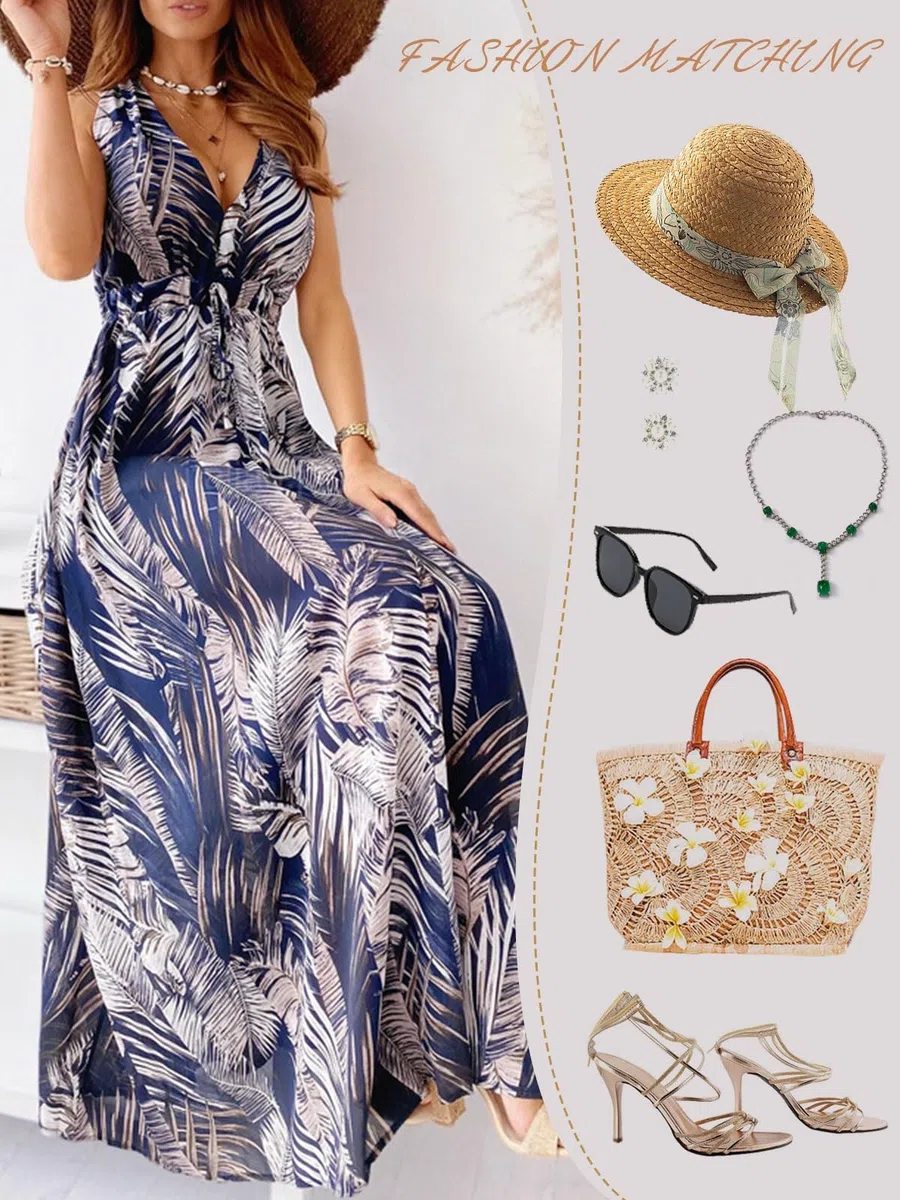 Yutdeng Abito Estivo Donna da Spiaggia Vestito Lungo Vestiti Estivi Casual Curvy Eleganti Scollo a V Senza Maniche Vestito Boho Fiore Stampato Maxi Lunga Sexy da Cerimonia