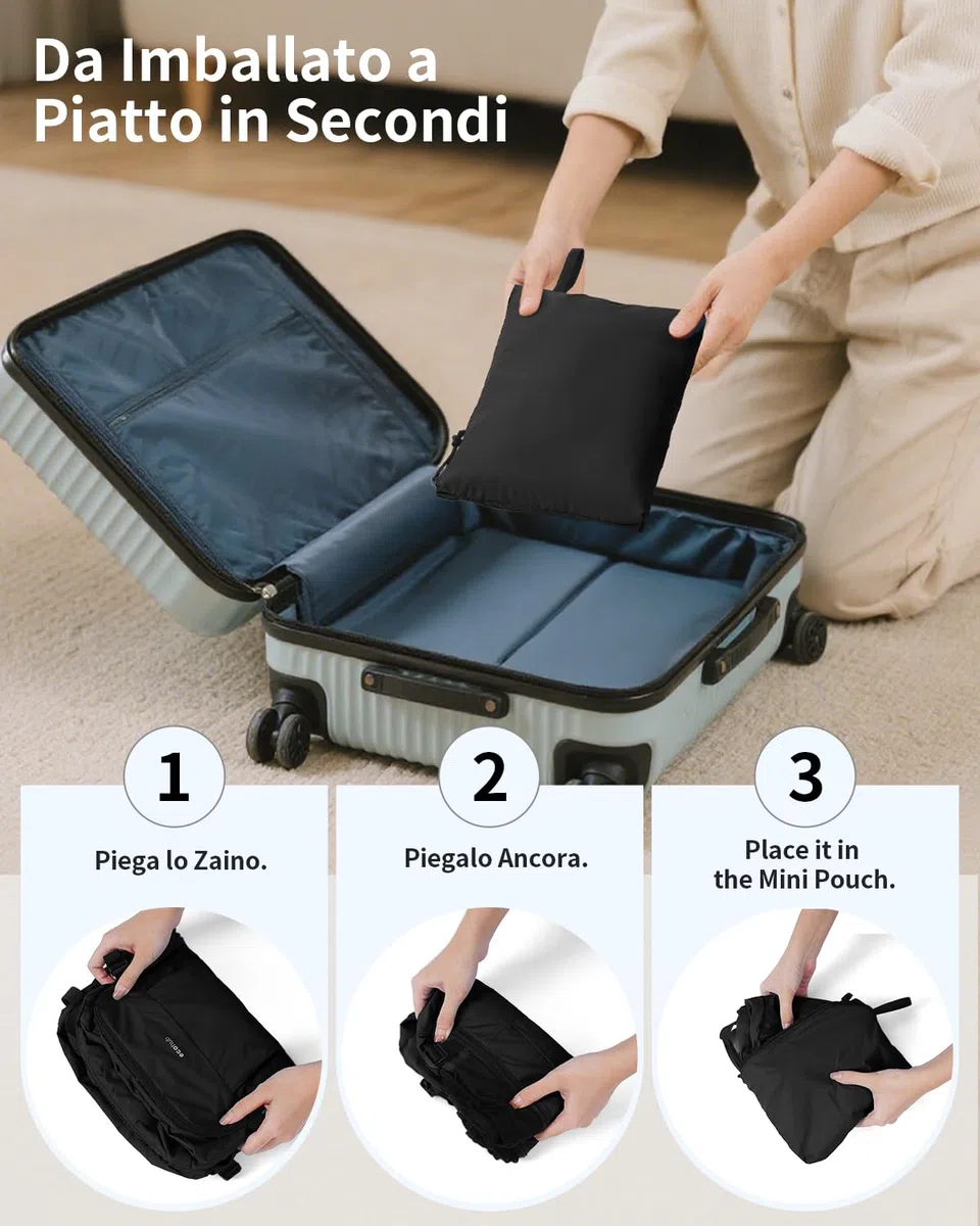 ECOHUB Zaino Ryanair 40x30x20 cm Leggero e 2 in 1, Zaino da Viaggio Pieghevole Sotto il Sedile, Bagaglio a Mano con Tasca Antifurto, Borsa da Cabina in Tessuto Riciclato per Uomo e Donna, Nero