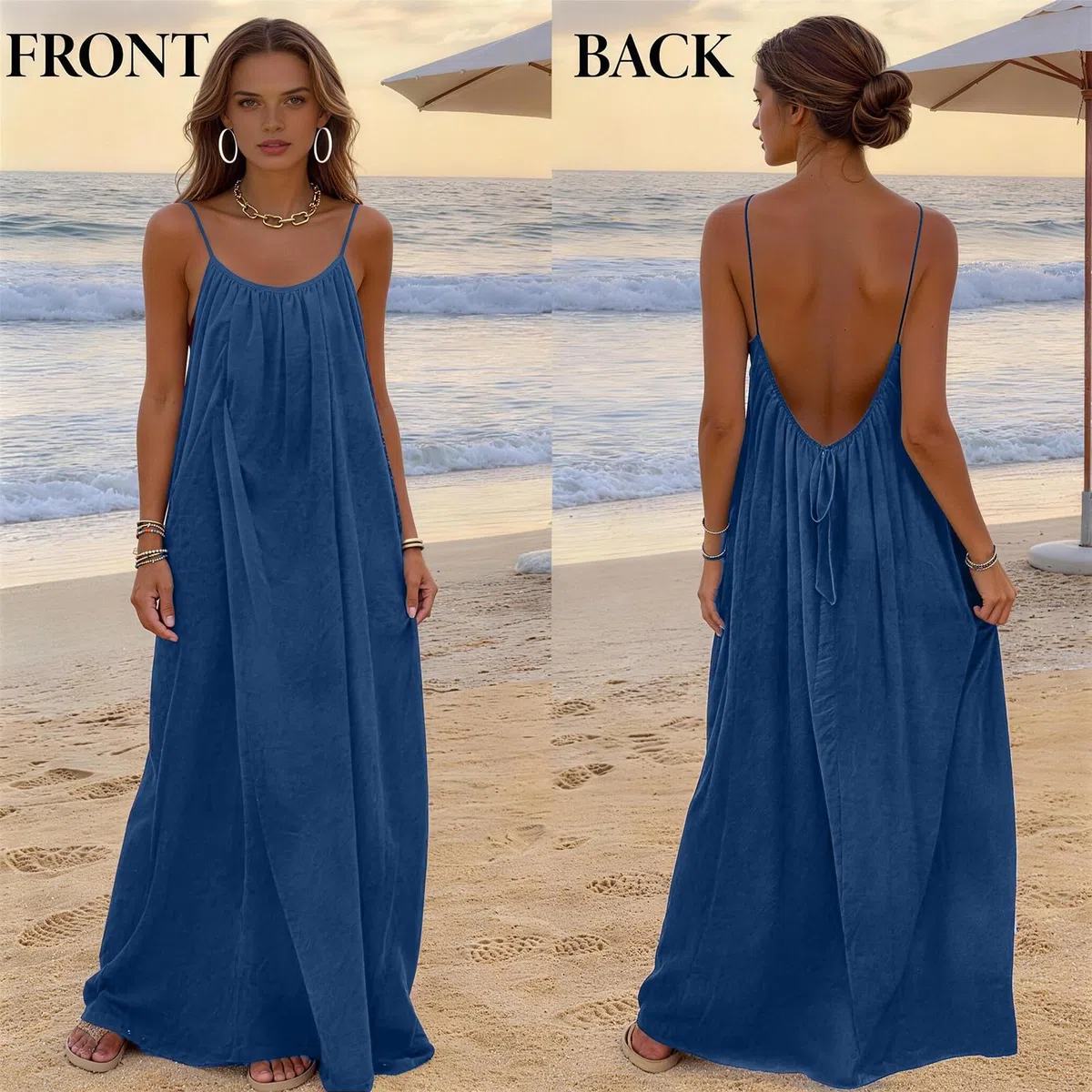 nnOuOnn Abito da donna senza schienale estivo 2026 senza maniche lungo maxi casual prendisole da donna Flowy Open Back Lounge abiti per vacanze spiaggia casa tinta unita
