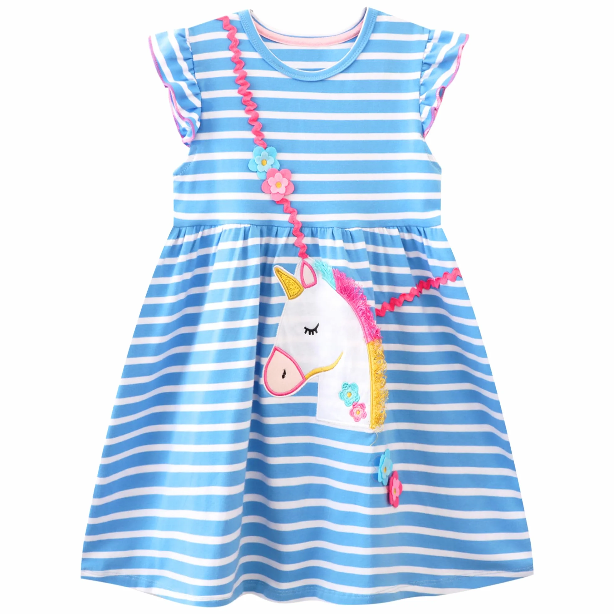 Vestito per Bambina Ragazza Manica Corta Unicorno Abito Stampa Fiore Ricamo Azzurro Striscia Abiti Cotone Cartoon Animale Casuale Vestiti Estivo Festa Compleanno per Regazze Bambini 2-9 Anni