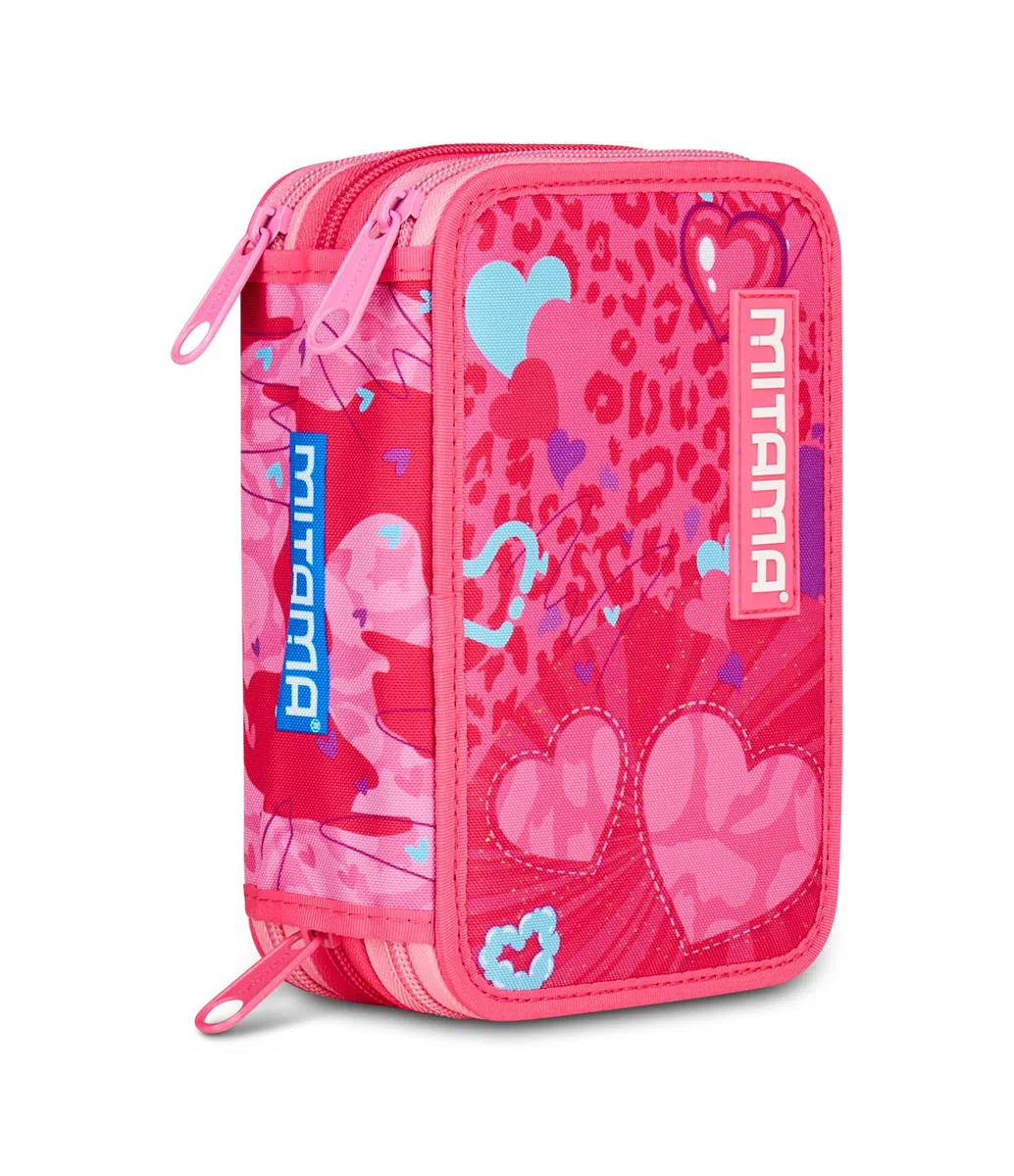 Mitama Astuccio Scuola 3 Scomparti, TRIPLO FURRYPINK, Contenuto 47 pz, Completo di Matite, Pennarelli, Portapenne Scuola Elementare Bambina