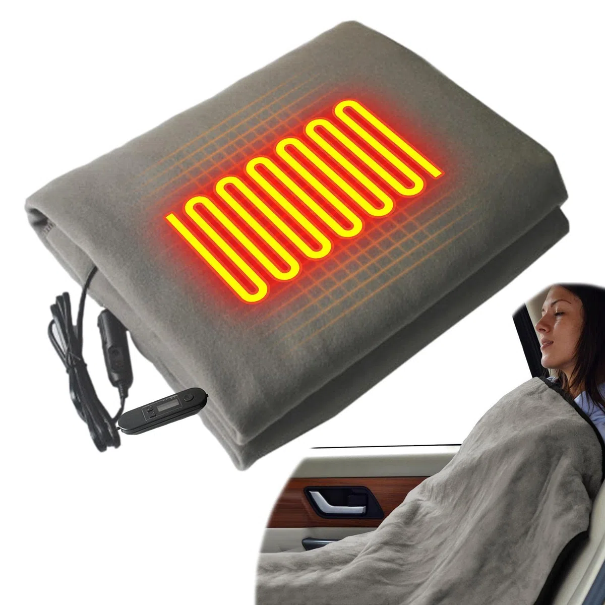 DASHIELL Coperta Riscaldata Elettrica 12V Morbida e Accogliente in Flanella con Azione di Riscaldamento Rapido, Portatile per Auto, Campeggio e Casa, Grigio, 100x60 cm