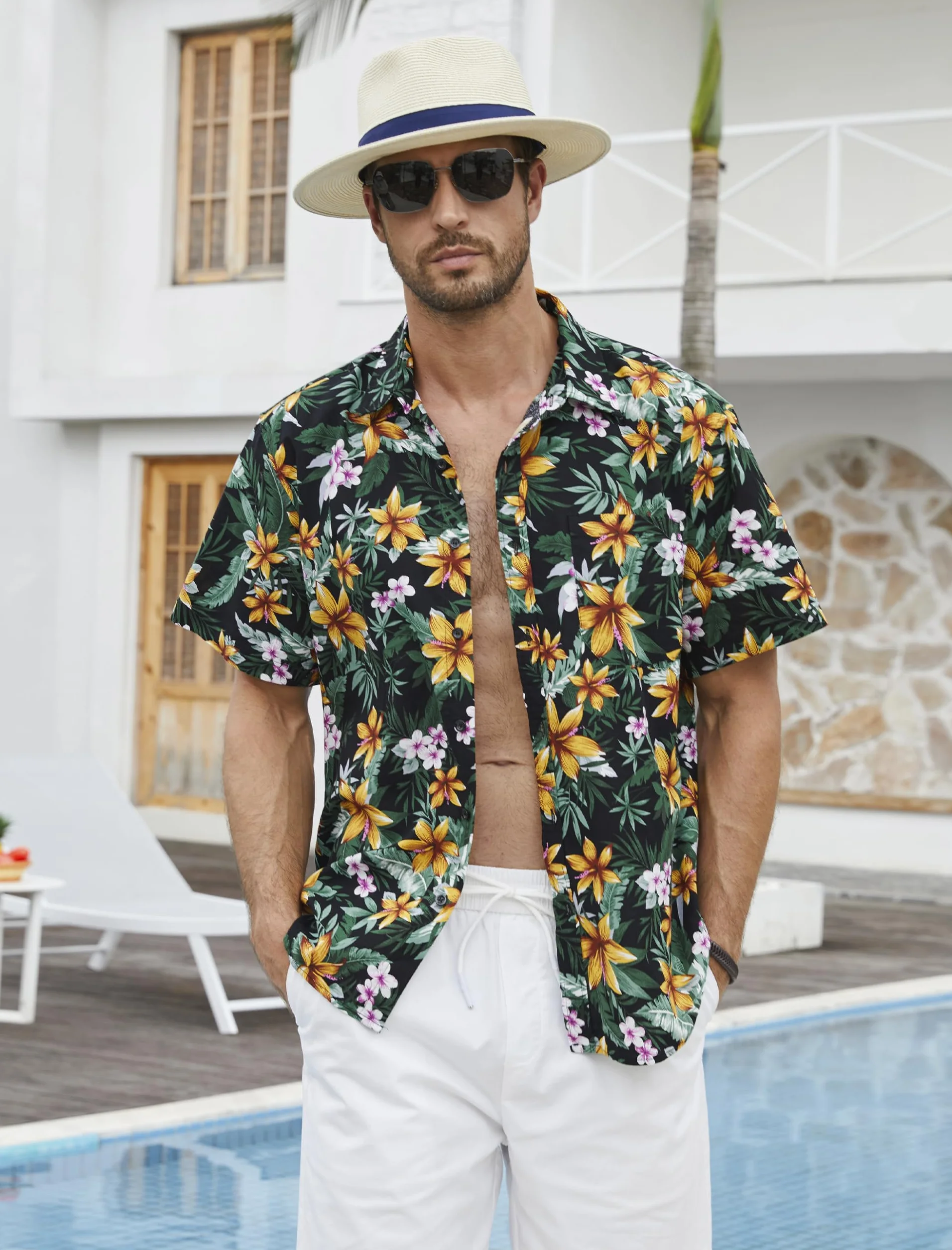 HISDERN Camicie Aloha Hawaiana Funky Manica Corta Tasca Anteriore Vacanza Estate Stampato Spiaggia Camicia Casual Hawaii S-2XL