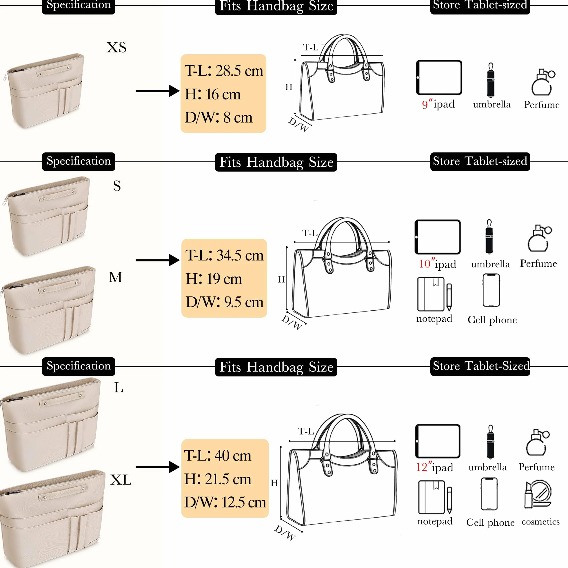 HyFanStr Organizer da Borsa Donna, Poliestere impermeabile Organizzatore Interno Purse, Organizer Borse con tasca con Chiusura Cerniera e Portachiavi Beige (M)