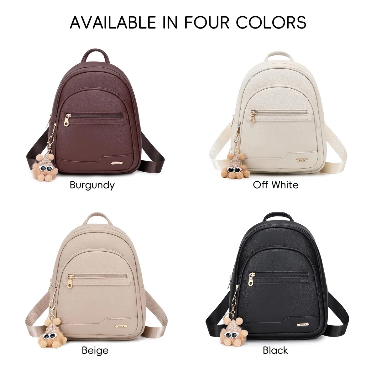 BAGOK Zainetto Mini Donna – Elegante zaino piccolo in similpelle strutturata con logo discreto, zip dorata, motivo trapuntato e ciondolo peluche – Perfetto per scuola, viaggio e uso quotidiano