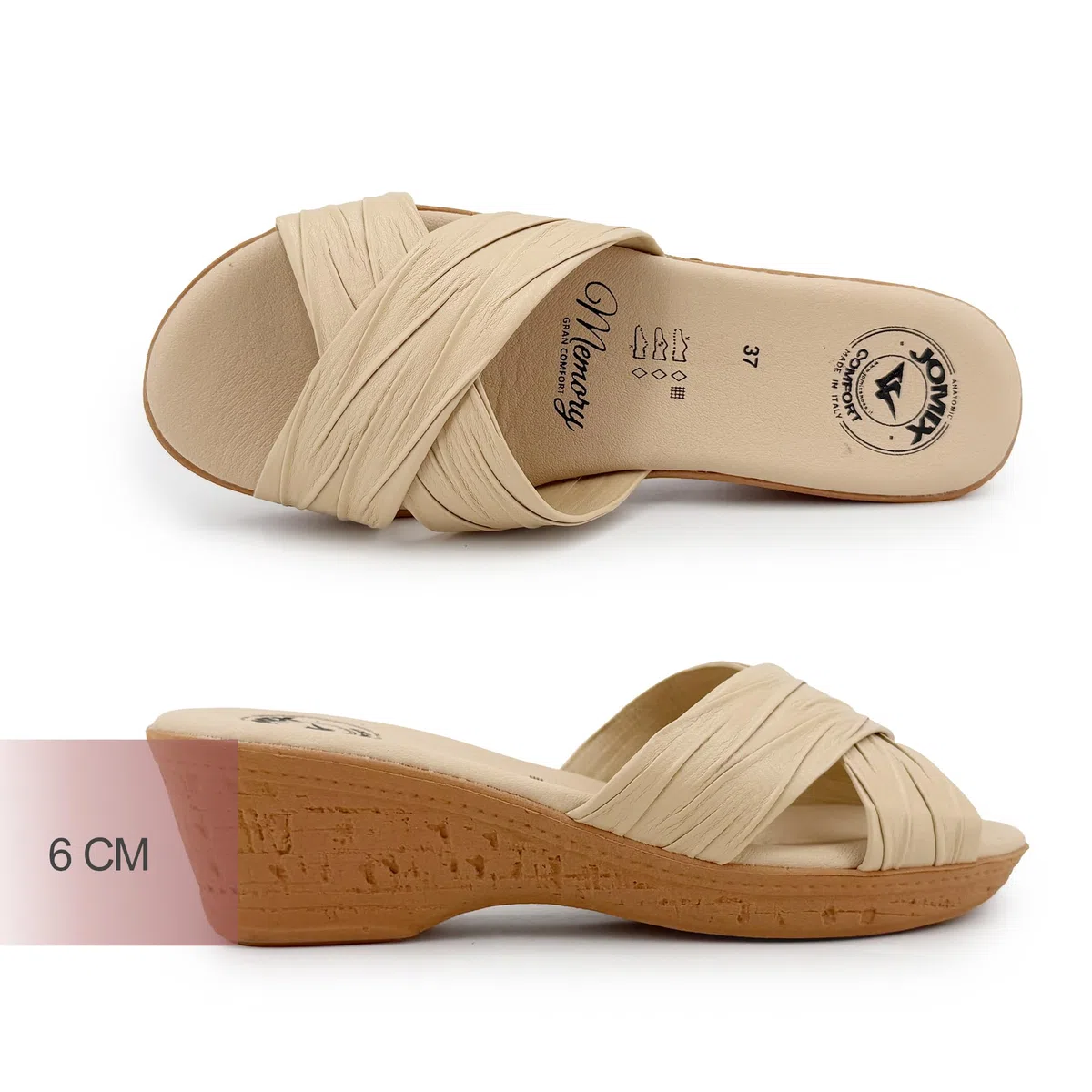 JOMIX Ciabatte Donna Estive Zeppa Comfort Memory Made in Italy Sandali Comodi con Fasce Incrociate Metallizzate Plantare Morbido Anatomico Suola Antiscivolo Leggera per Casa Città e Tempo Libero