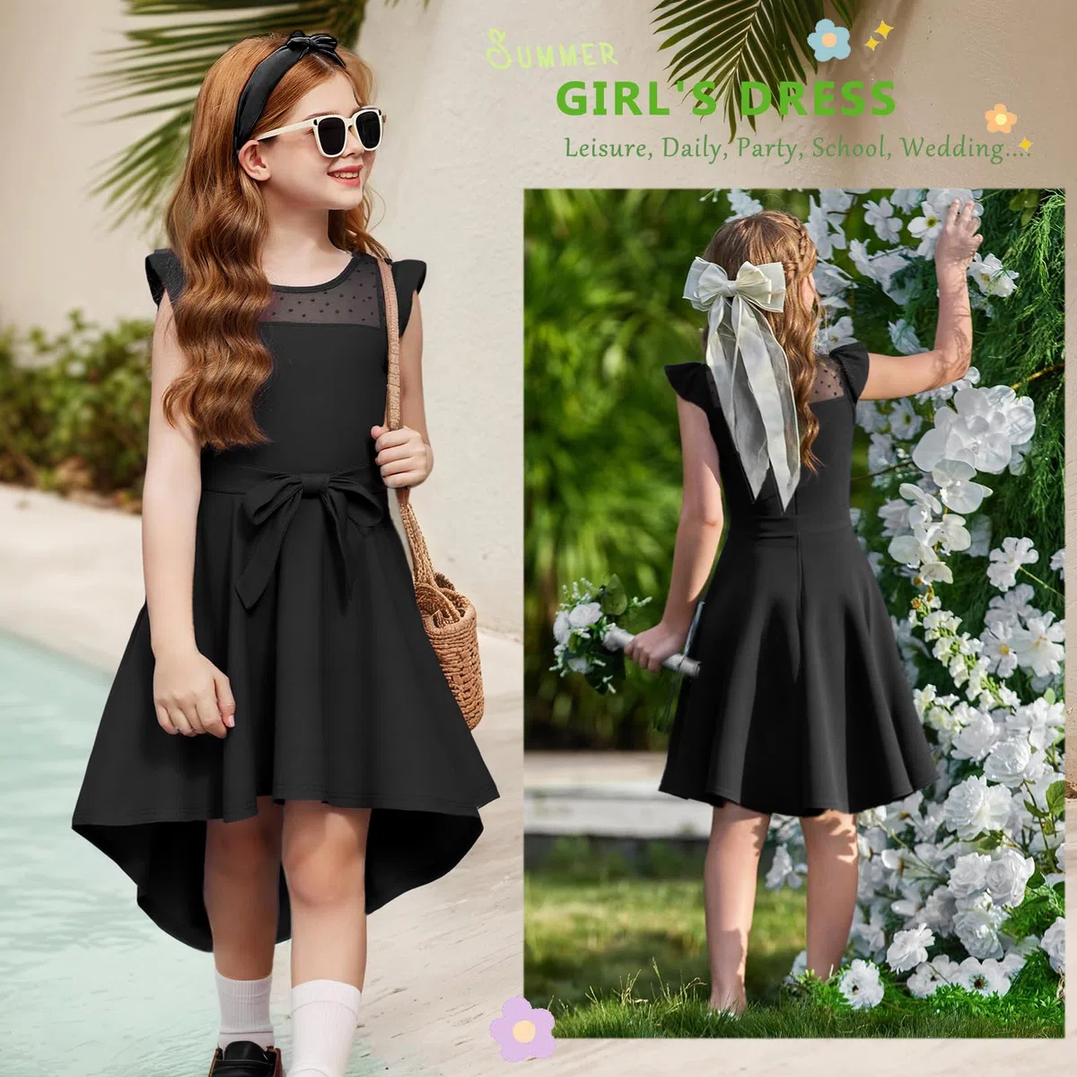 Abito Elegante per Ragazze Estivo Maniche Volanti A-Line Vestito Cerimonia Bambina Moda Compleanno Matrimonio Festa Scolastici Casual 6-15 Anni