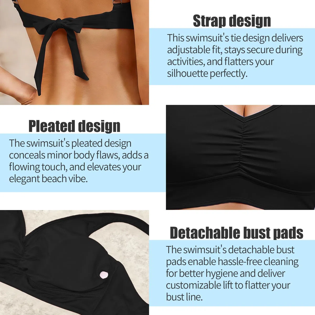 Top Bikini da Donna Costume da Bagno Reggiseno con Imbottitura Removibile Costume da Bagno Top Classico Plissettato