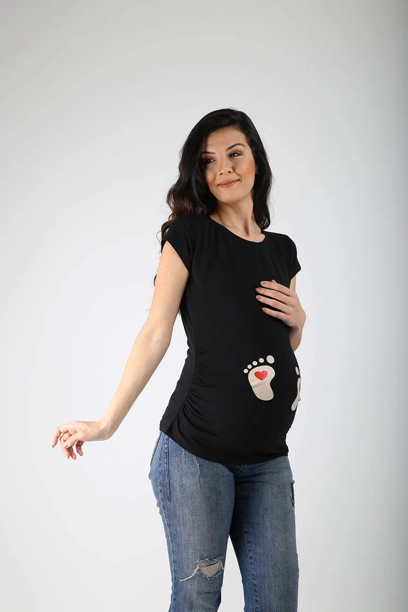 M.M.C. Impronta Bambino - Simpatica graziosa T-Shirt Premaman Manica Corta per la Gravidanza