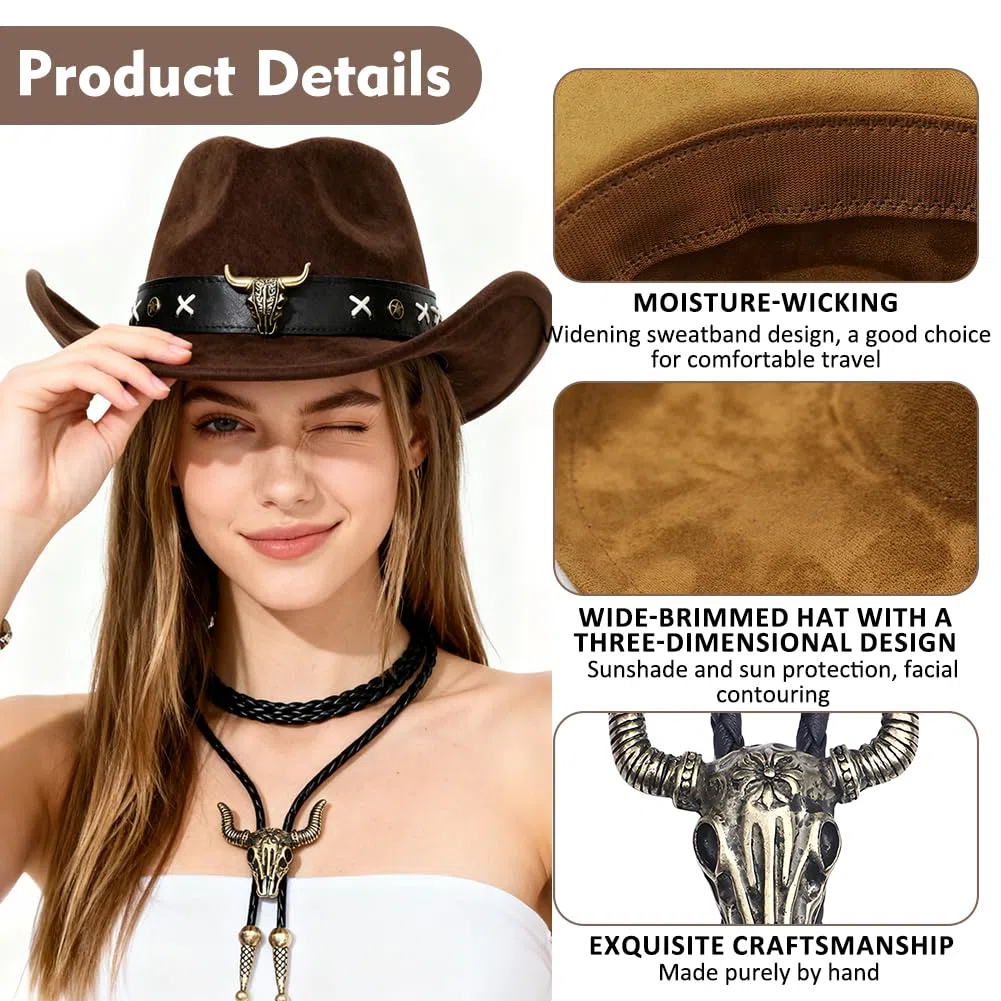 Cappello da Cowboy Western con dettagli testa di toro e cuciture X, cravatta in pelle e fascia per cappello inclusi, accessorio per Carnevale, Halloween e feste a tema Western, regalo