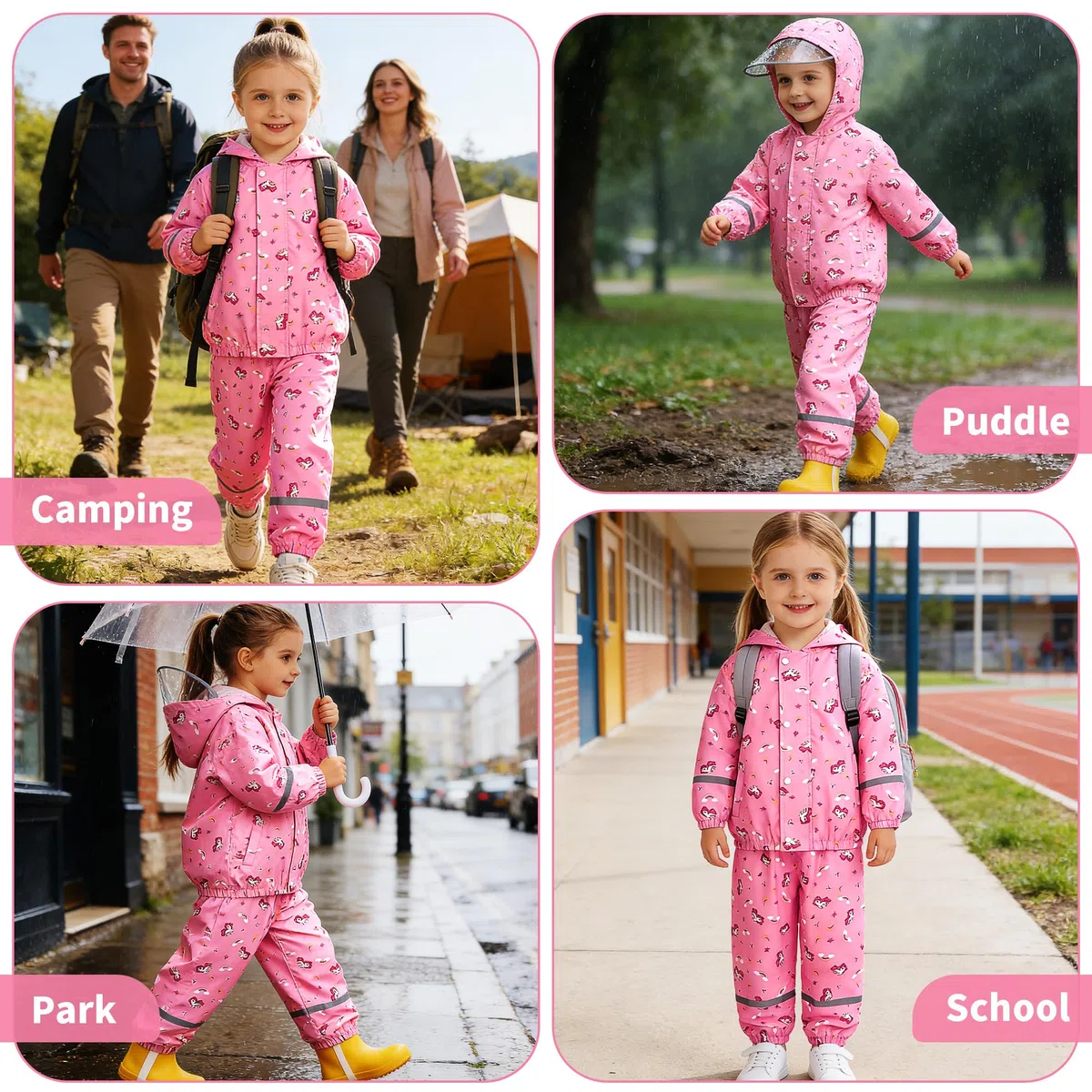 JinBei Tuta Impermeabile Bambino Leggero Tuta Pioggia Bambina con Cappuccio Traspirante Pantaloni e Giacca Antipioggia Impermeabili Spezzata con Strisce Riflettenti per Matsch Outdoor 1-7 Anni