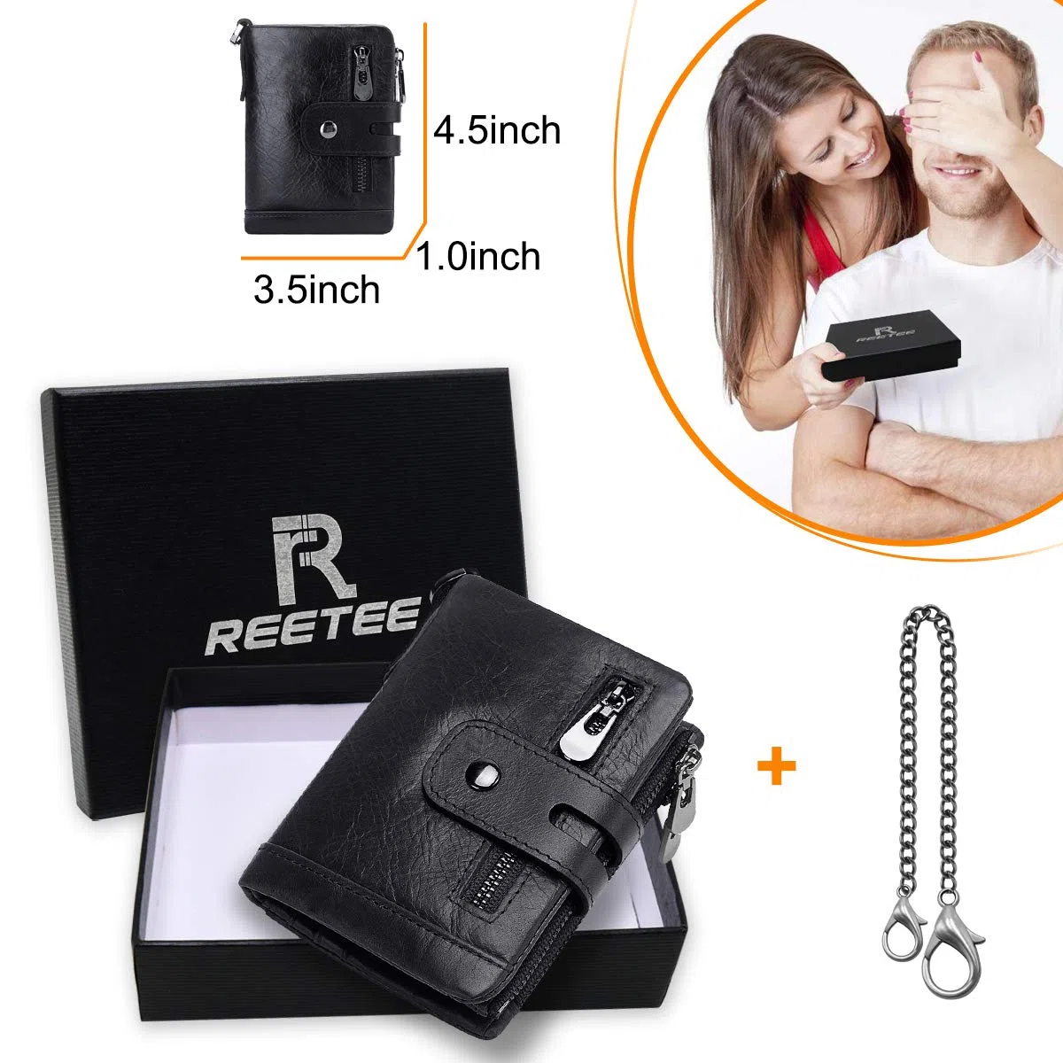 REETEE Portafoglio Uomo Blocco RFID Vera Pelle con Catena, Cerniera Portamonete 16 Porta Carte di Credito Bifold Verticale (nero)