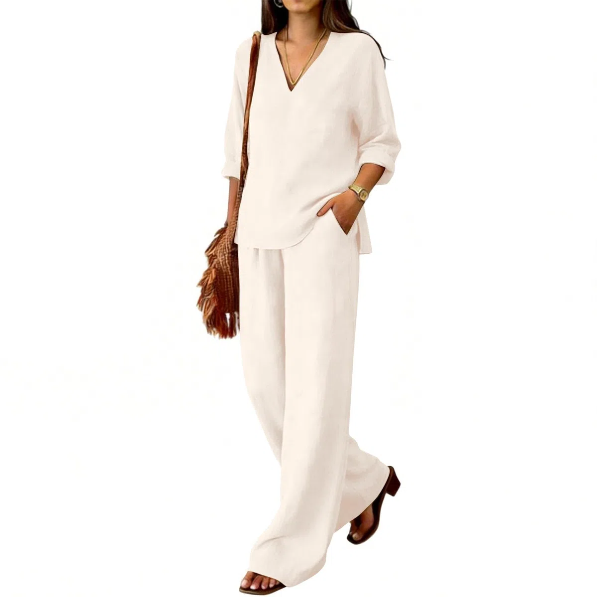 Generico Completo Di Lino Donna Estivo 2 Pezzi Pantalone Lungo Estivo Tuta Elegante Maniche 3/4 Completo Estiva Curvy Tute Casual Completi Leggera Comodi Set Mare Spiaggia Larghi Drop Shoulder