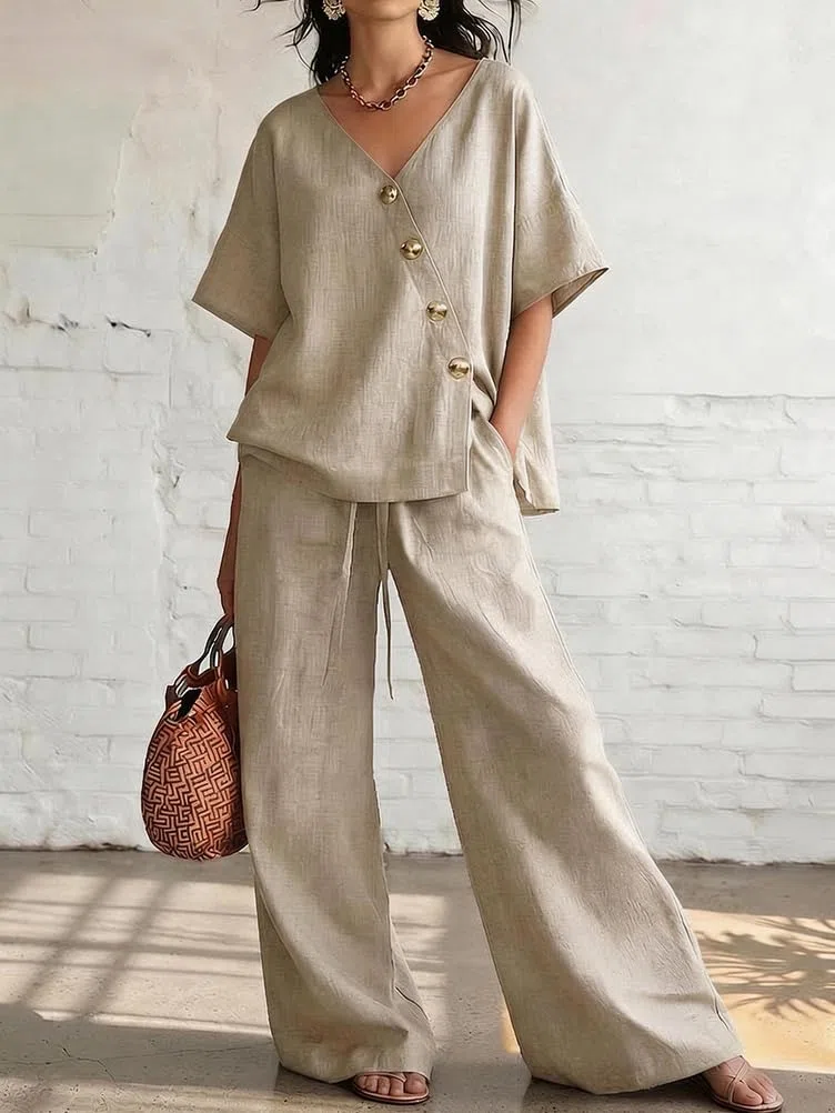 shownicer Completo Donna Lino Tuta Elegante Estiva Curvy Completo in Lino 2 Pezzi Set Maniche Corte Top E Pantaloni Completi Tute Due Pezzi Set