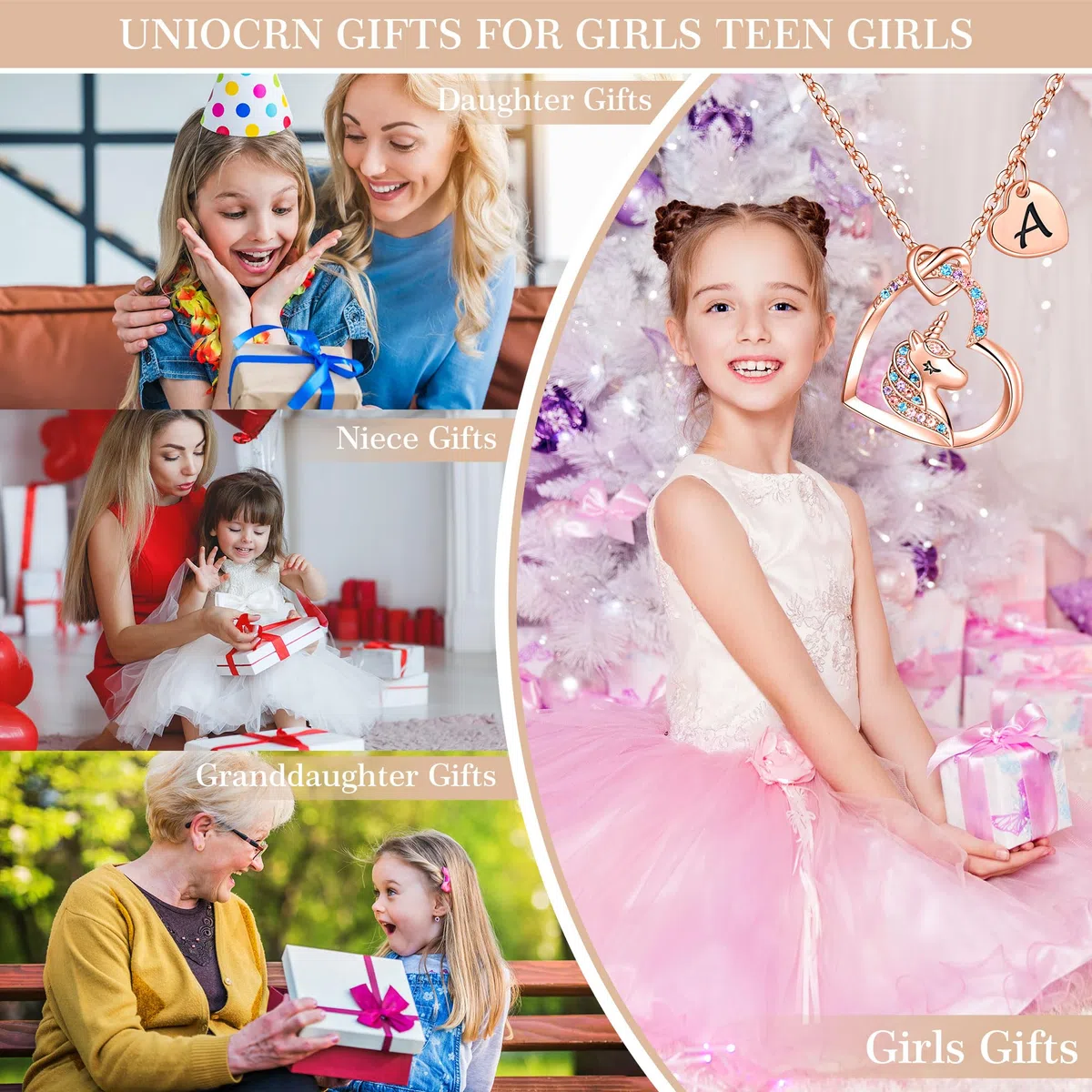 TINGN Regali Unicorno per Ragazze, Iniziali Placcate Oro Rosa 14K Ciondolo a Cuore CZ Collana Unicorno con Lettere per Ragazze Bambini Collana Unicorno Regali Anniversario per Donne Gioielli Ragazze