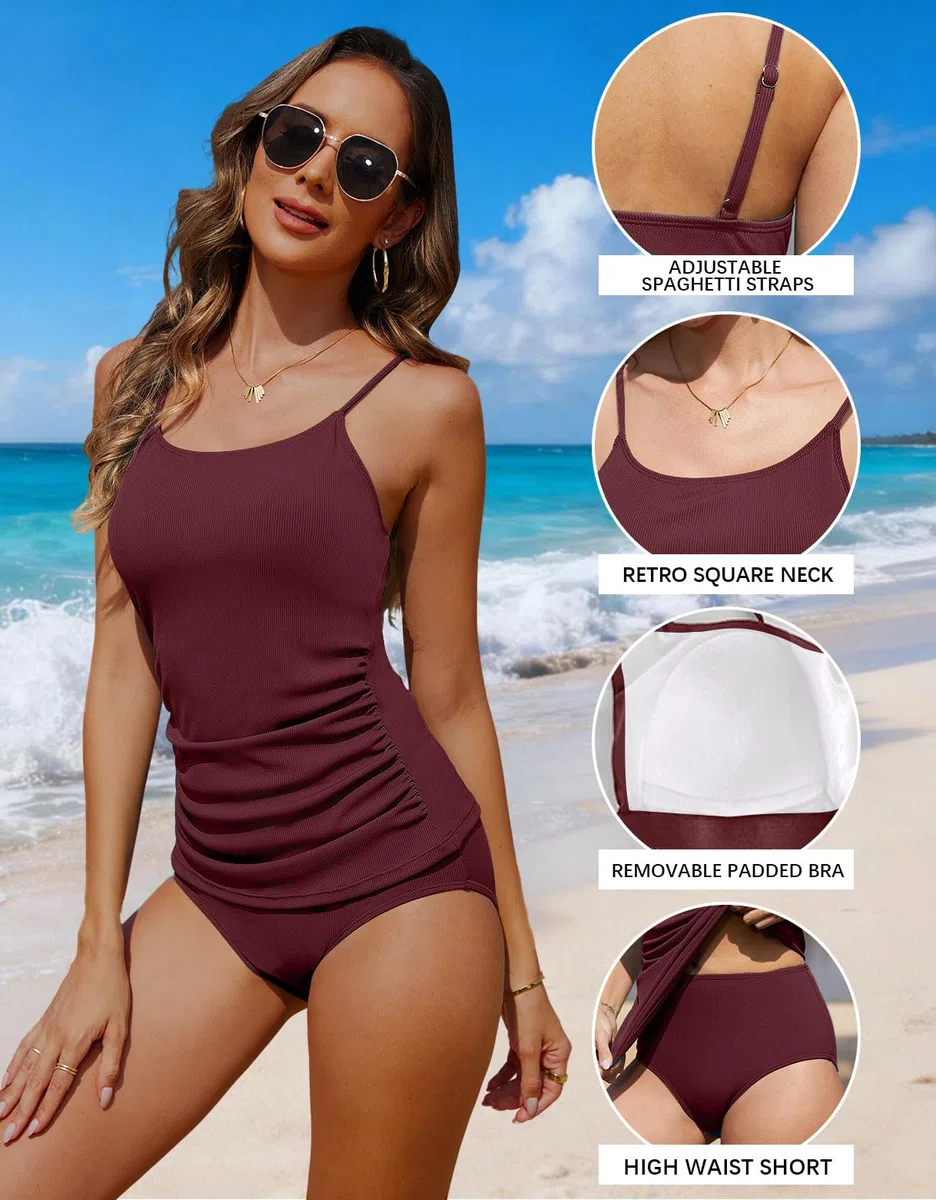 CheChury Costumi da Bagno Tankini Set Donna Beachwear Estate Tankini Due Pezzi Contenitivo Curvy Vita Alta Costumi Mare Taglie Forti Swimwear Costume Bagno Donna Elegante Top e Pantaloncini Spiaggia