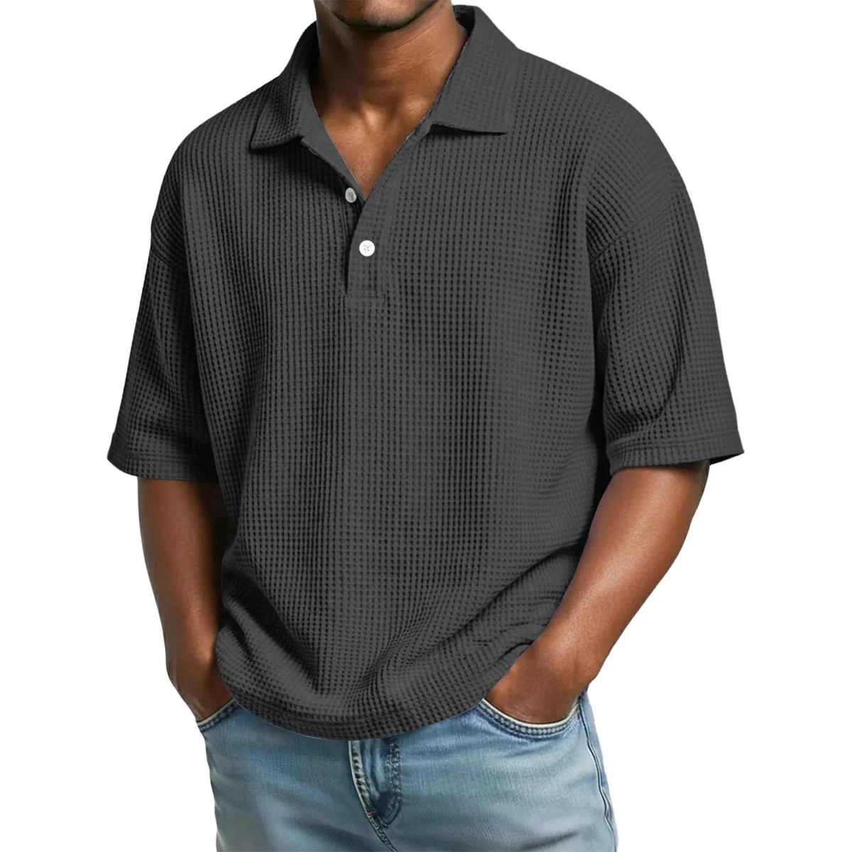 T-shirt da uomo, a maniche corte, estiva, con bottoni, casual, struttura a nido d'ape, maglietta basic larga, da uomo, leggera, vestibilità regolare