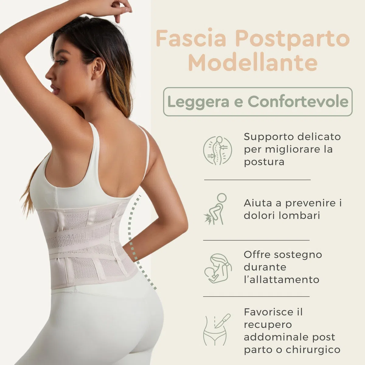 BellyHug – Fascia Post Parto per Recupero Addominale | Pancera Contenitiva Ideale Dopo Cesareo, Compressione Regolabile e Traspirante (Beige, L)