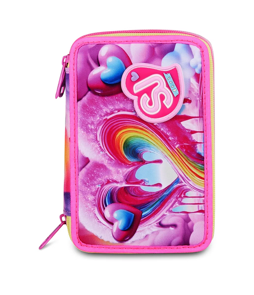 SJ GANG STYLE JAM GANG Astuccio Scuola 3 zip JOYFUL PINS GIRL, Rosa, Triplo Scomparto, 45 pezzi, Portapenne Attrezzato, Completo di matite, penne e colori, Accessori Zaino, Scuola elementare, Bambina