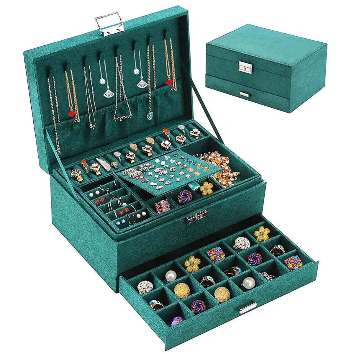 Withosent Portagioie a 3 livelli, portagioie in velluto, portagioie da donna, portagioie per anelli, orecchini, collane e orologi, con serratura e chiave