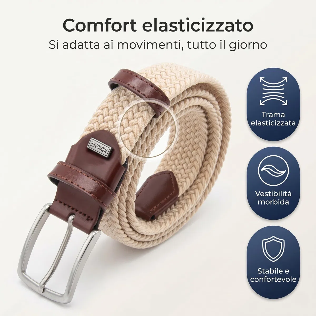 Navigare Cintura Elastica Intrecciata Made in Italy, Uomo e Donna, con Inserti in Vera Pelle
