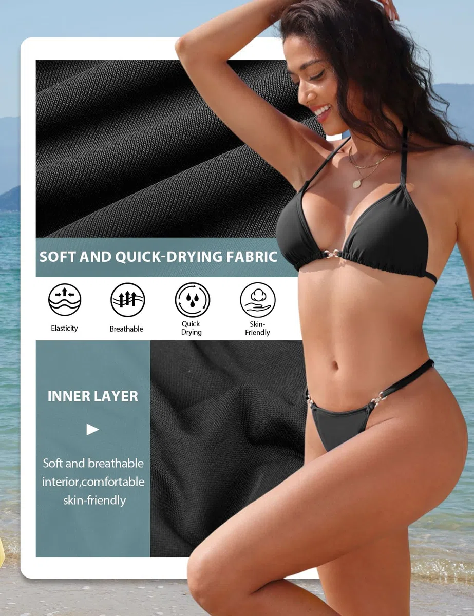 Yuson Girl Costume Donna Due Pezzi Sexy Brasiliana Costumi da Bagno Perizoma Bikini Mare 2 Pezzi Regolabile Halter Triangolo Imbottito Top Vita Bassa Bikini Bottom da Spiaggia, Piscina