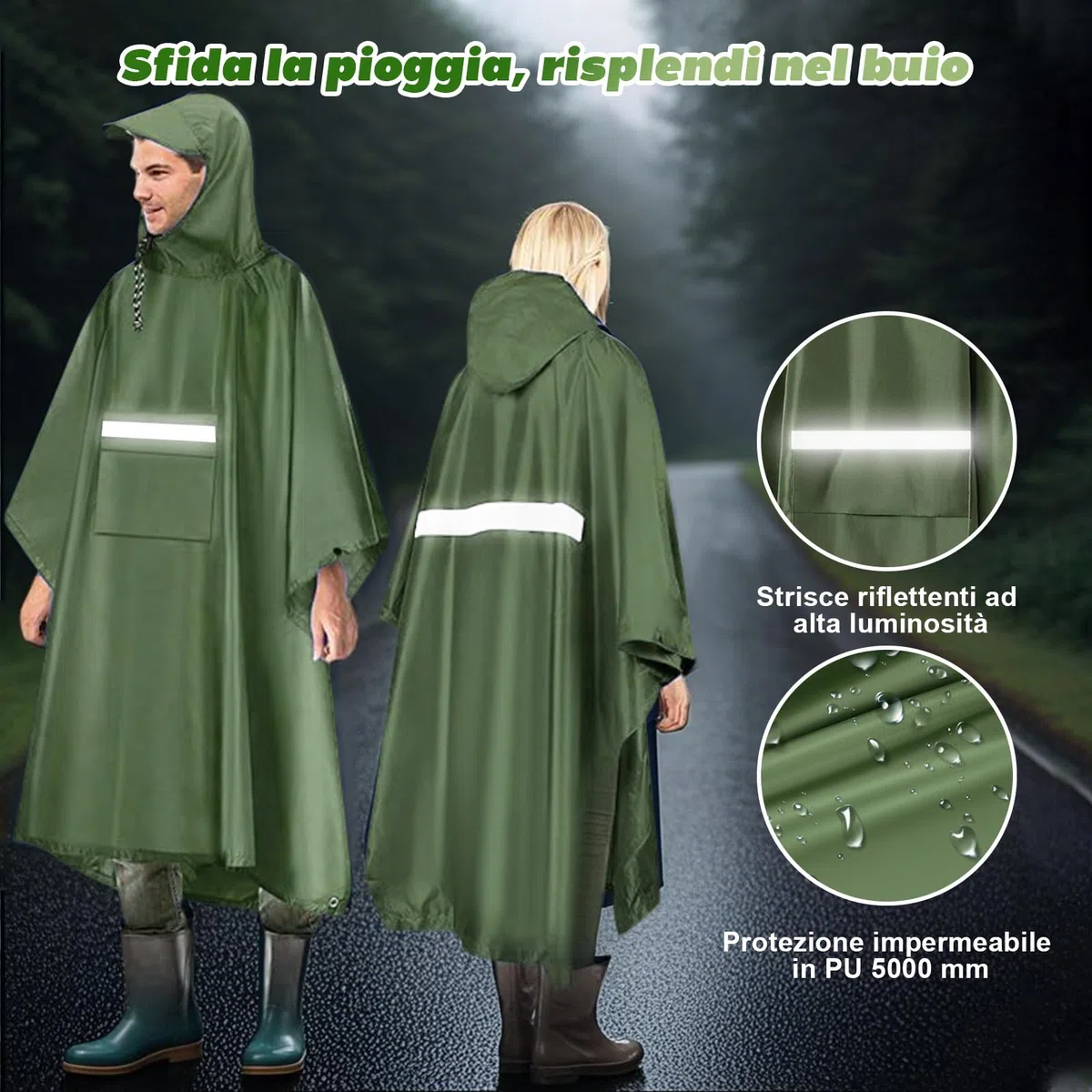 Poncho Antipioggia Impermeabile con Maniche Tasca e Riflettore Mantella Antipioggia per Adulti Unisex Portatile Poncho Pioggia per Uomo Donna Trekking Campeggio