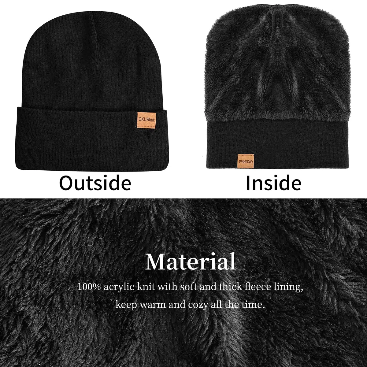 Cappello Sciarpa Guanti Set per Uomo Donna, Invernale Beanie Berretto in Maglia Scaldacollo Sciarpa con Fodera in Pile e Guanti Touch Screen (Nero)